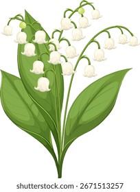 Elegant vector of lily of the valley with lush green leaves and delicate white flowers.
