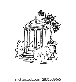 Elegant vector line art drawing of a romantic park gazebo rotunda columns architecture and garden plants isolated on white background Hand drawn vintage countryside estate sketch clipart