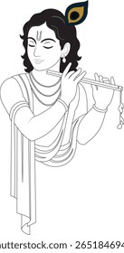 Elegante vetor arte de linha de Lorde Krishna tocando flauta, adornado com uma pena de pavão. Uma ilustração hindu espiritual e cultural adequada para conteúdo religioso, designs de festivais e tradicional