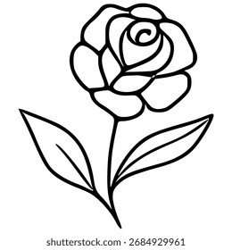 Elegante Vektorlinienart einer einzelnen Rose mit Blättern, die eine minimalistische und klassische Blumengrafik zeigt.