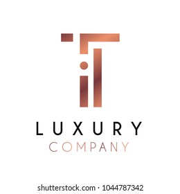 Elegant vector logo forming the letter T. Luxury logotype with minimal design in rosegold color.