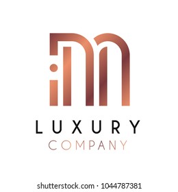 Elegant vector logo forming the letter M. Luxury logotype with minimal design in rosegold color.