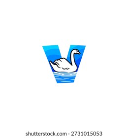Logotipo vetor elegante de um cisne flutuando na água formando o alfabeto V letra. Ideal para marcas de luxo, logotipos de casamento, identidade natural, marcas de beleza, design minimalista, tipografia e conceitos visuais graciosos.