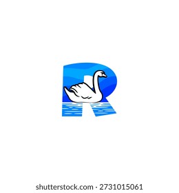 Logotipo elegante del Vector de un cisne que flota en el agua que forma la letra del alfabeto R. Ideal para marcas de lujo, logotipos de bodas, identidad de la naturaleza, marcas de belleza, diseño minimalista, tipografía y conceptos visuales elegantes.