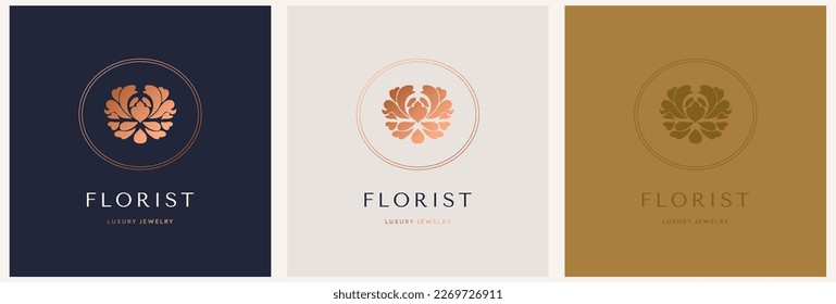 Elegant vector logo template of a flower. Abstract symbol in a linear style for cosmetics and packaging, jewelry, handicrafts or beauty products.