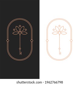 Elegant vector lotus key oval logo template in two color variations. Art Deco style logotype design for luxury company branding. Premium identity design.