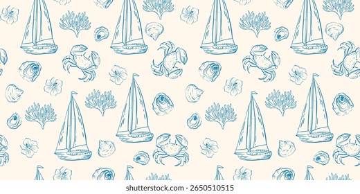 Elegant vector Mediterranean wallpaper with hand drawn sardines, lemons, palm trees, lobster, and bow frames. Coquette beach aesthetic for cute geometric prints and vacation graphics.