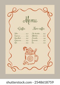 Elegante Plantilla de menú de Vector con garabatos de comida. Arte para tarjetas de felicitación, invitaciones de boda, postales, marca, diseño de logotipo. Ilustraciones de estilo Matisse.	