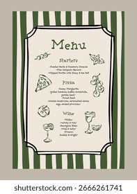 Modelo de menu vetor elegante com alimentos e bebidas rabiscos.