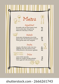 Elegante Plantilla de menú de Vector con garabatos de comida y bebidas.