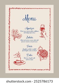 Modelo de menu de vetor elegante. Mínimo de alimentos vetoriais e rabiscos de bebidas. Ilustrações no estilo Matisse.