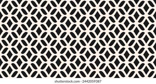 Elegant vector mesh seamless pattern. Abstract minimal background with curved lines, wavy shapes, diamonds, leaves. Monochrome texture of grid, lace, weaving, net, lattice. Black and white ornament