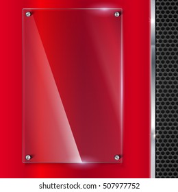 Elegant vector metallic background with glass banner. Color polished texture with highlights and glow on the background of metal mesh. Vector editable texture, easy to change size