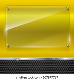 Elegant vector metallic background with glass banner. Color polished texture with highlights and glow on the yellow background of metal mesh. Vector editable texture, easy to change size