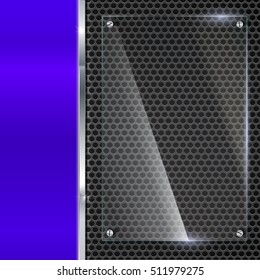 Elegant vector metallic background with glass banner. Color polished texture with highlights and glow on the background of metal mesh. Vector editable texture, easy to change size