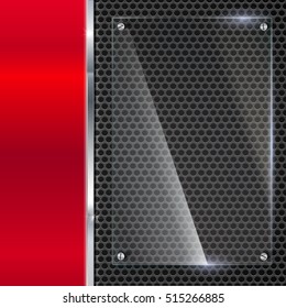 Elegant vector metallic background with glass banner. Color polished texture with highlights and glow on the background of metal mesh. Vector editable texture, easy to change size
