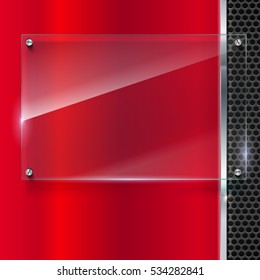 Elegant vector metallic background with glass banner. Color polished texture with highlights and glow on the background of metal mesh. Vector editable texture, easy to change size