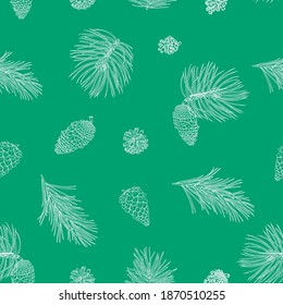Elegant vector mint green holiday seamless pattern background with pine cones and branches. For winter themed packaging, gift wrap, cards, manufacturing, textile, fabric, wallpapers.