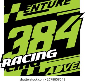 Elegante número vetorial 384 verde e texto RACING, plano de fundo abstrato 3d design conceito.