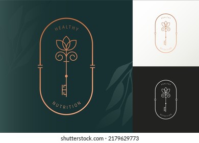 Elegant vector nutrition key oval logo template in two color variations. Art Deco style abstract symbol for cosmetics and packaging, jewellery, hand crafted or beauty products.