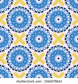 Elegant vector ornament in classic style. Abstract traditional seamless pattern with oriental elements in blue, purple and yellow colors. Classic round vintage pattern.