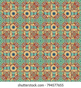 Elegant vector ornament in classic style. Abstract traditional seamless pattern with oriental elements in orange, blue and yellow colors. Classic round vintage pattern.