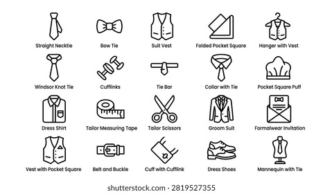 Elegant vector outline icons representing various men's formal fashion accessories like straight neckties, bow ties, suit vests, cufflinks, and tailoring essentials such as measuring tape and scissors for fashion, wedding, or suit related projects.