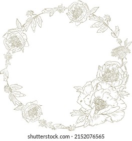 Elegant vector outline wreath of peonies and dandelions. Vintage floral mood. Maybe use for wallpaper, textile or card, mug coaster, wedding design.
