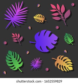Elegant vector pattern with botanical elements. Exotic colorful leaves on the black background. Trendy graphic design