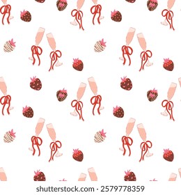 Elegant vector pattern with champagne glasses, strawberry and bows. Seamless design for festive and romantic occasions. Suitable for fabric prints, product packaging, flyers and event decor