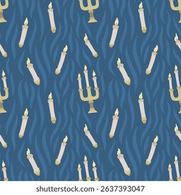 Elegant vector pattern featuring burning candles and candelabras on a wavy blue background