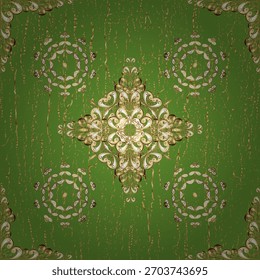 Elegante padrão vetorial com motivos ornamentais dourados dispostos em um design de mandala simétrico em um fundo verde texturizado. Arte decorativa luxuosa ideal para têxteis, papel de parede, embalagem e
