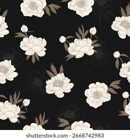 Elegant vector pattern with peonies on a dark background and gold accents. Romantic, luxurious, and fully editable.	
