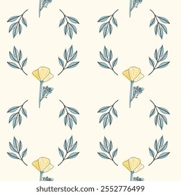 Elegant vector pattern with yellow flowers and blue leaves on a creamy beige background. Ideal for textiles, wallpapers, packaging, and eco-friendly branding with a fresh, modern, and natural feel.