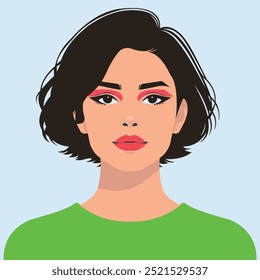 Elegant vector portrait of a young woman with short black hair and prominent red makeup, wearing a vivid green top. The illustration is crafted in a minimalist style.