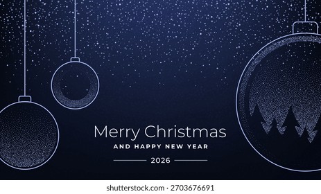 Elegant vector poster with Christmas tree baubles on a dark background. Christmas and New Year greeting card for winter holiday celebration.
