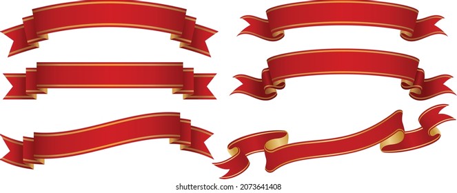 Elegant vector ribbon with glossy look.  Set of red with yellow shiny scrolls.