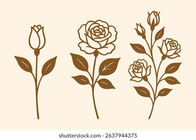 Elegant Vector Rose Illustration Set Featuring Single Blossoms and Bouquets for Botanical Designs and Artistic Floral Compositions with a Minimalist Aesthetic