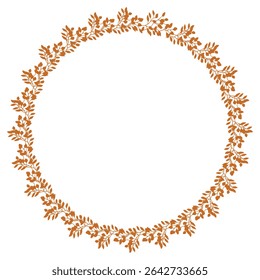 Elegant vector round frame with a continuous pattern of stylized terracotta-colored leaves, perfect for autumnal designs and invitations.