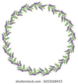 Elegant vector round frame with a continuous pattern of stylized purple tufted vetch flowers and green leaves, perfect for invitations or decorative design.