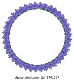 Elegant vector round frame with a delicate arrangement of periwinkle flowers, perfect for invitations, cards, or decorative elements.