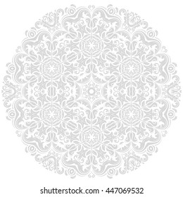 Elegant vector round ornament in the style of barogue. Abstract traditional pattern with oriental elements. Light silver pattern