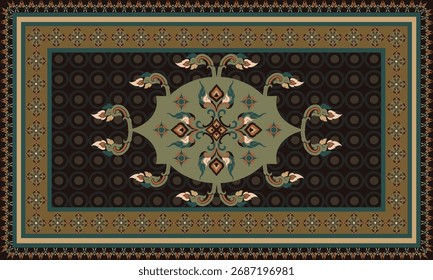 Elegant vector rug design featuring floral and geometric motifs in earthy brown and green tones.