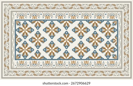 Elegante diseño de alfombra de Vector con motivos florales geométricos en tonos azules y dorados enmarcados por bordes adornados.