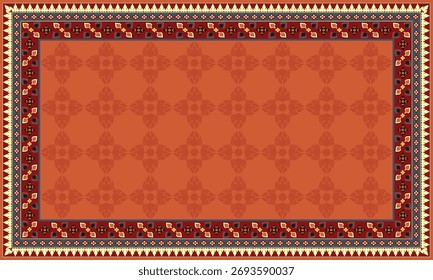 Elegant vector rug design with warm terracotta tones, subtle geometric patterns, and an intricate tribal-inspired border.
