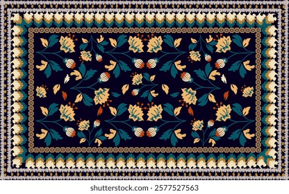 Elegant vector rug pattern featuring intricate floral motifs in rich navy, gold, and teal tones. A perfect ornamental design for carpets, textiles, and decorative digital artwork