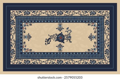 Elegant vector rug pattern featuring intricate floral motifs in  navy blue and Chinese tones. A perfect ornamental design for carpets, textiles, and decorative digital artwork.