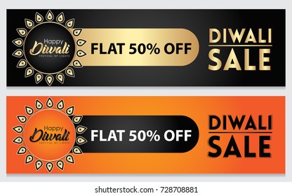 Elegant vector sale banner set for indian festival diwali celebrations. Can be used for advertisement, poster, banner and backgrounds. (Translation - Happy Diwali)