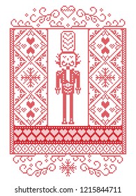 Elegant Vector Scandinavian Christmas Pattern  in Nordic style winter pattern including nutcracker soldier,  snowflake, heart, snow, snowflake, seamless ornaments  in cross stitch in white and red
