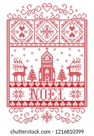 Elegant Vector Scandinavian Noel background, Nordic style Christmas  pattern including snowflake, heart, reindeer, Christmas tree, snow, snowflake, chapel in winter wonderland in white, red
